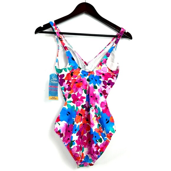 Swim Solutions Twist Front Tummy Control Pink One Piece Swimsuit Size 8 1047H3 - Picture 5 of 10